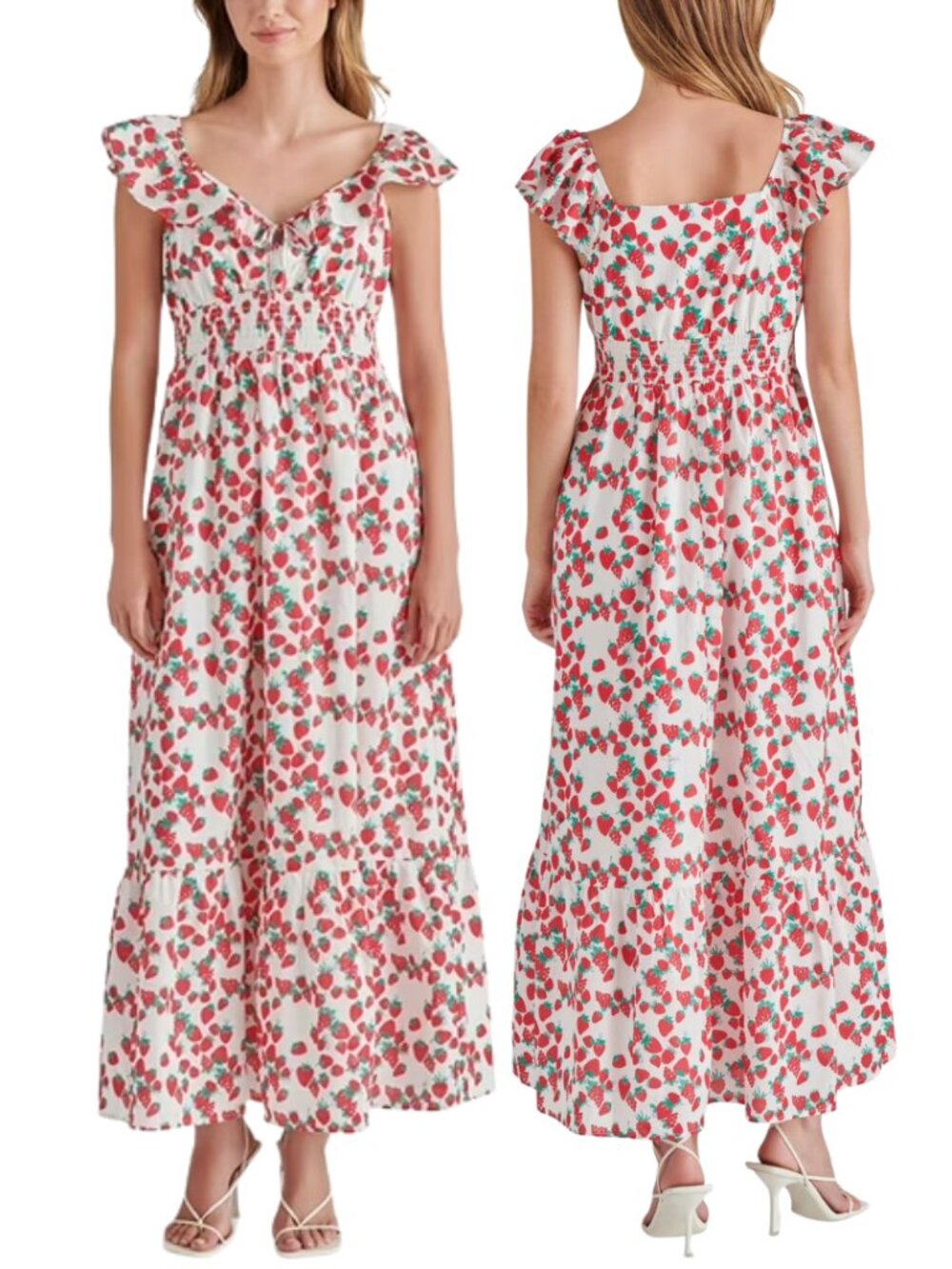 Betsey Johnson Strawberry Tiered Maxi Dress Womens Medium Ruffle Flowy Twee Chic
